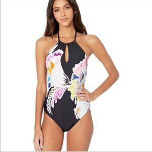 Trina Turk black floral one piece halter lined‎ bathing swim suit, size by 22W